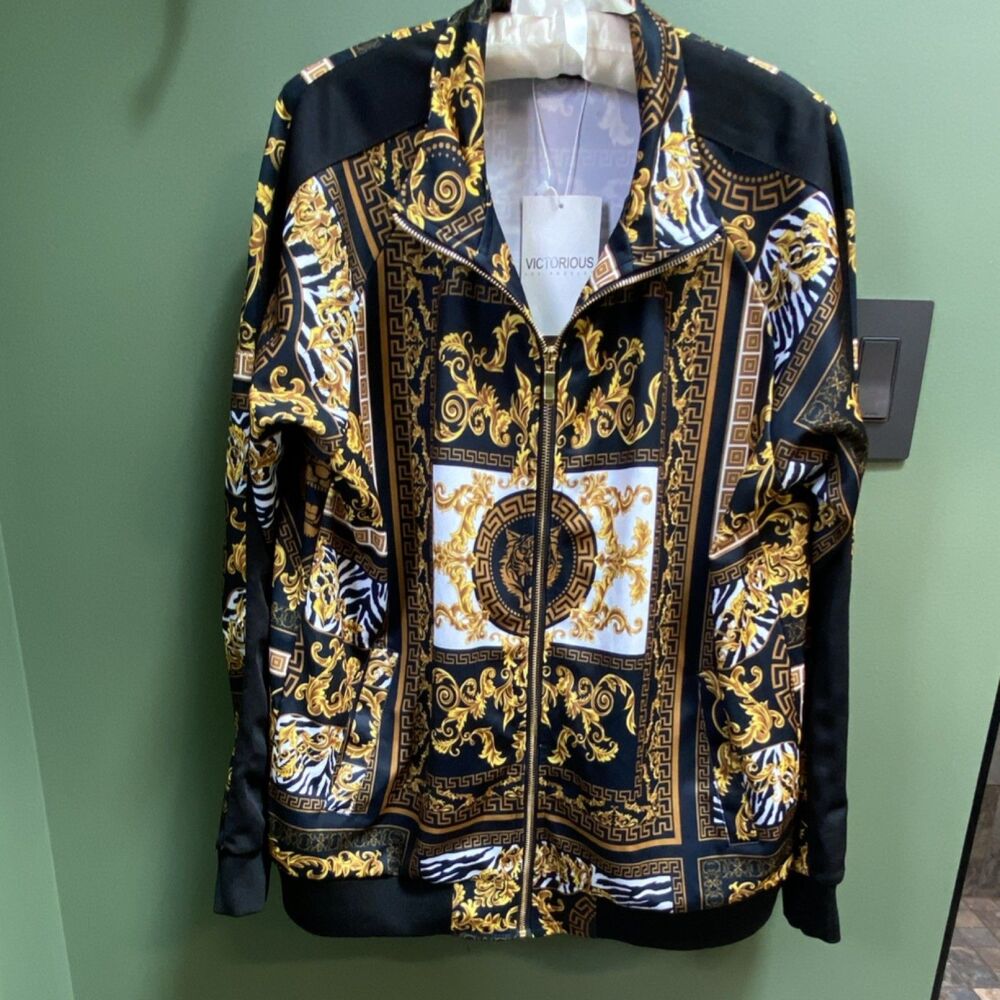 NWT Victorious Men's Full Zip 2XL Black Gold Tiger Baroque Print Collared